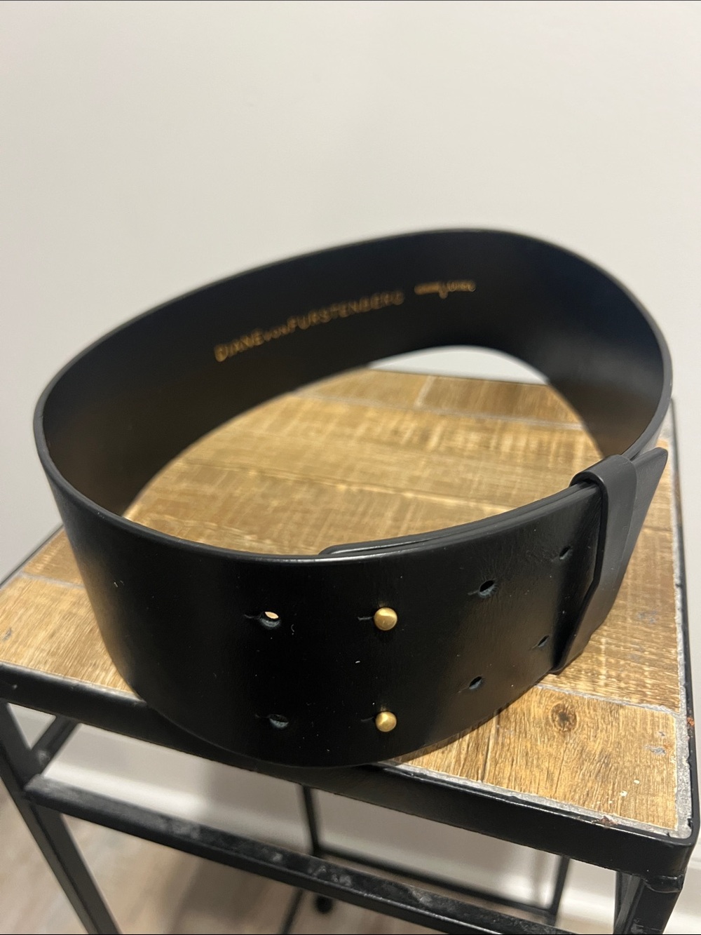 Diane Von Furstenberg Wide Black Genuine Leather Belt with Gold Rivets Closure S